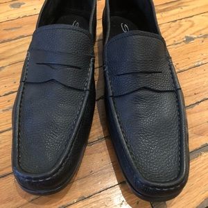 Santoni Black Leather Slip On Loafers
